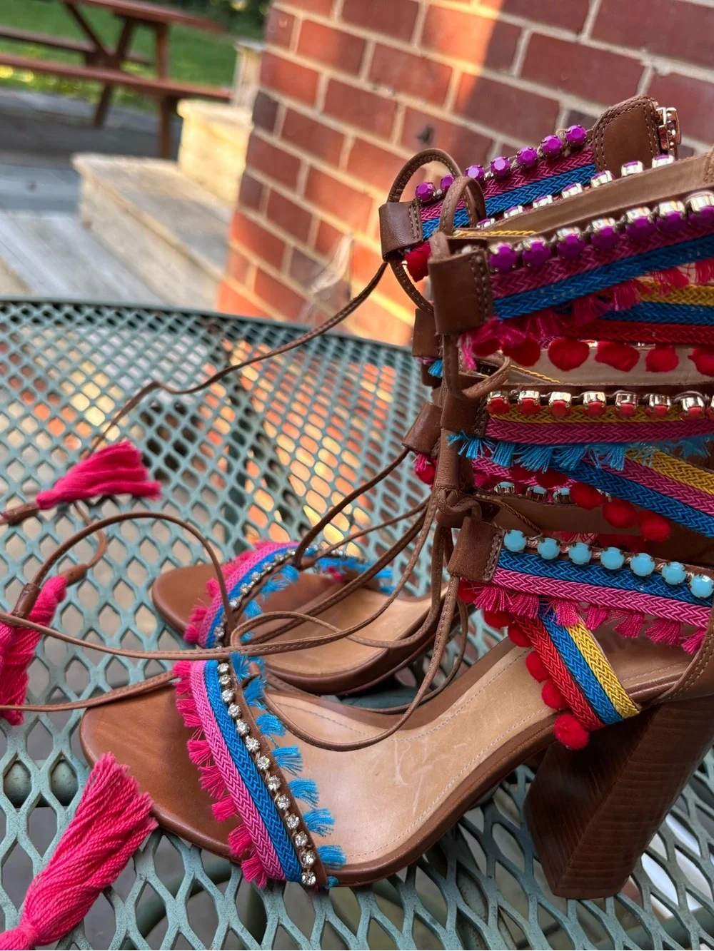Schutz Calla Block Heeled Leather Sandals Lace-Up Multi-Color women 8.5